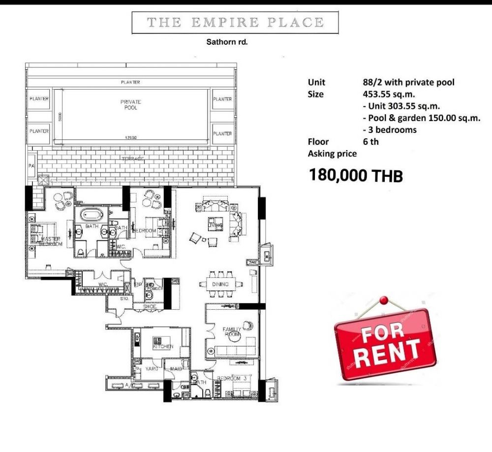 The Empire Place 3bed 3bath 453.55sqm. 180,000/mth Am: 0656199198